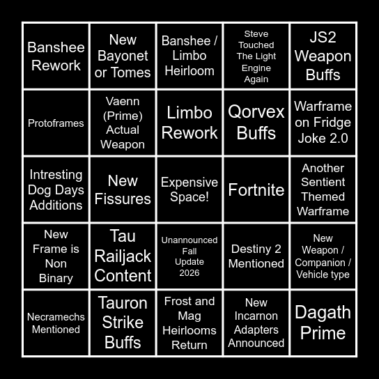 Tennocon 2026 Anti-Bingo Card