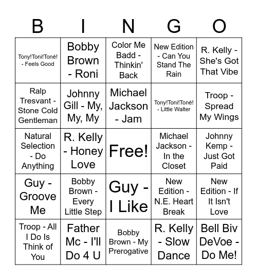 R&B Bingo: New Jack Swing Bingo Card