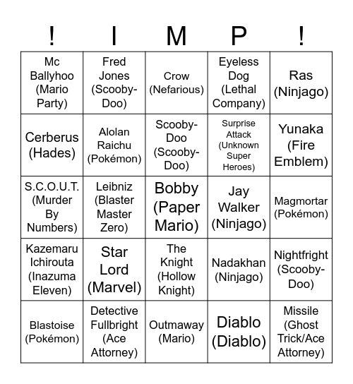Totel Round 1 (Imp's Favorite Characters) Bingo Card