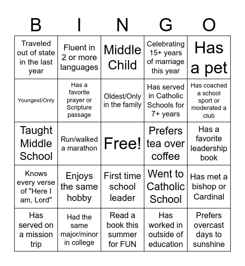 New Leaders Bingo Card