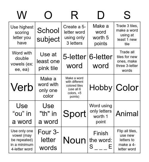 Scrabble Scramble: BINGO Edition Bingo Card