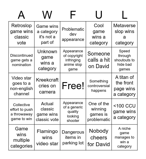 Roblox innovation awards bingo Card