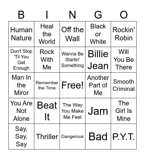 MICHAEL JACKSON BINGO Card
