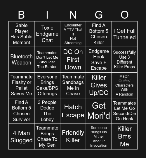 DBD Solo Queue Bingo Card