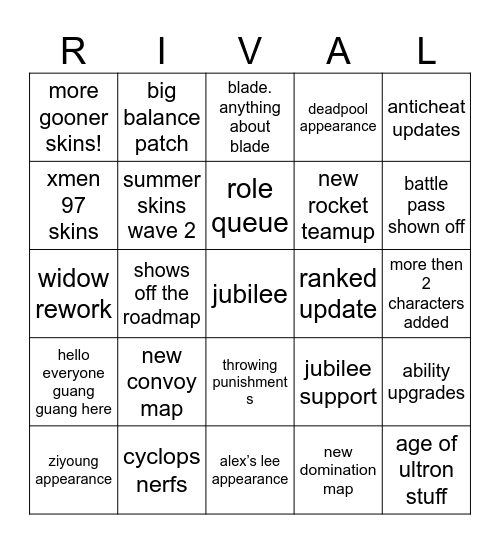 rivals Bingo Card