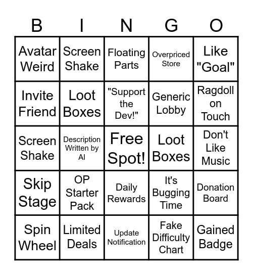 Roblox Slop Bingo Card