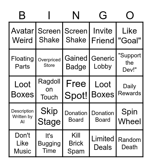 Roblox Slop Bingo Card