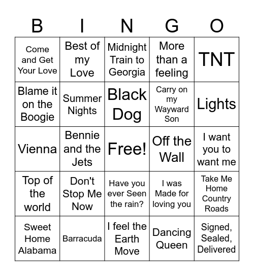 70's Top HIts Bingo Card