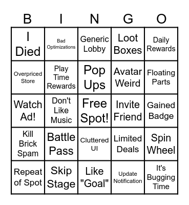 Roblox Slop Bingo Card