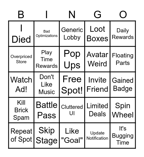 Roblox Slop Bingo Card
