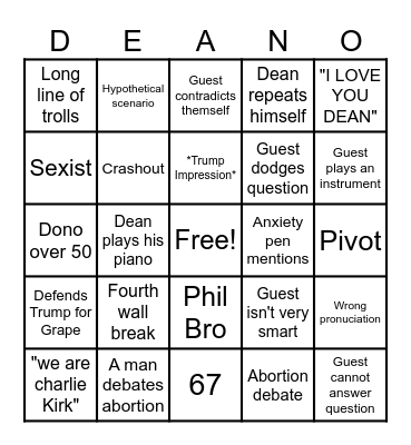 DEANO Bingo Card