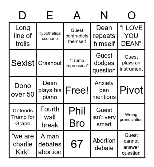 DEANO Bingo Card