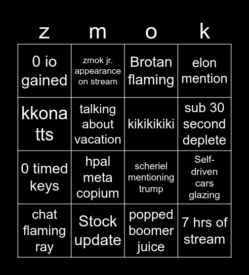zmok Bingo Card