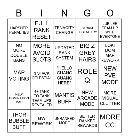 RIVALS SEASON 9 PREDICTIONS Bingo Card