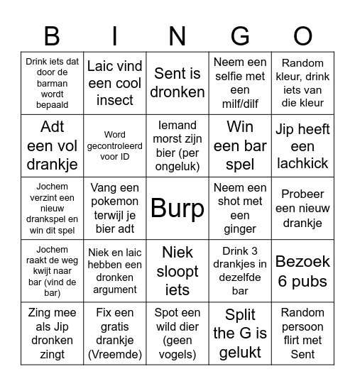 Sent pub crawl bingo Card