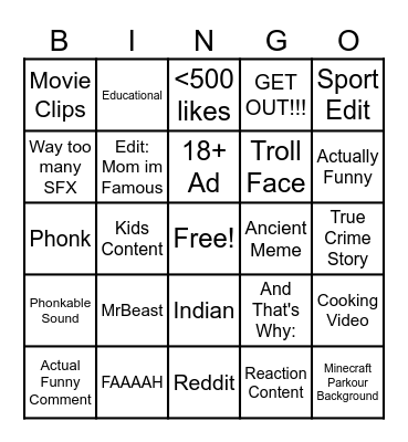 Youtube Shorts Bingo Card