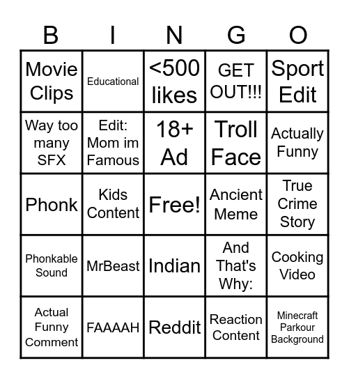 Youtube Shorts Bingo Card