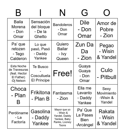 Reguetón Classics Bingo Card
