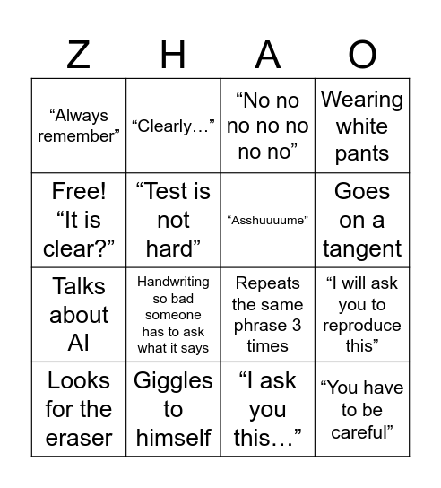 Zhao Bingo Card