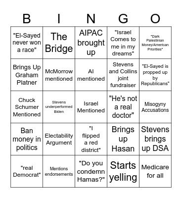 2026 Democratic Michigan Primary Debate Bingo Card