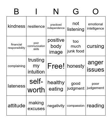 Good & Bad Habits Bingo Card
