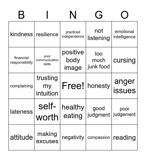 Good & Bad Habits Bingo Card