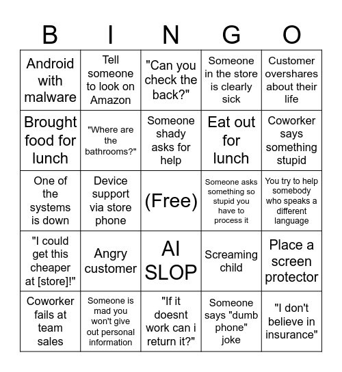 Tech Rep Bingo Card