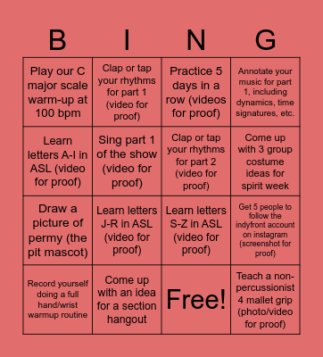 Front Ensemble Bingo Card