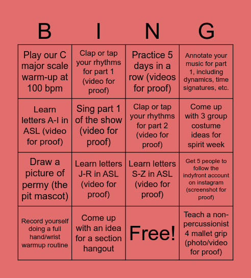 Front Ensemble Bingo Card