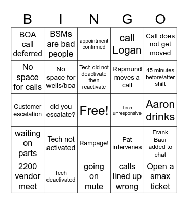 After Hours Bingo Card