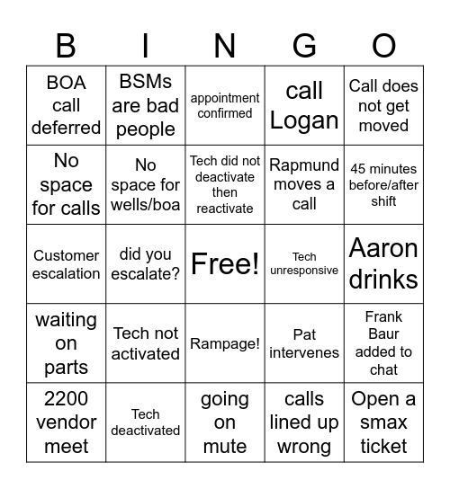 After Hours Bingo Card
