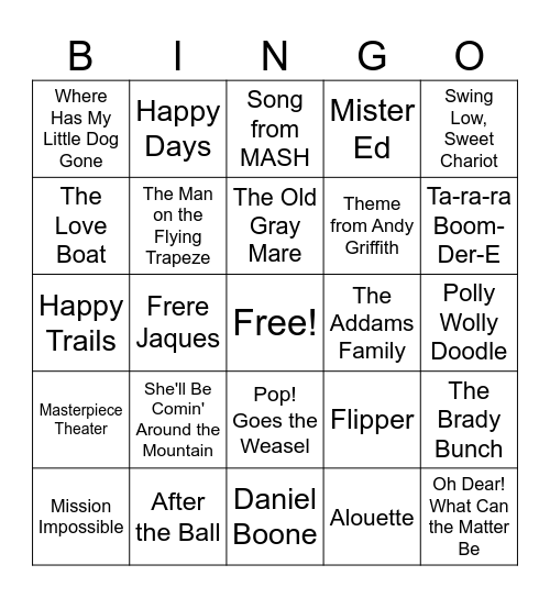 TV Themes and American Classics Bingo Card