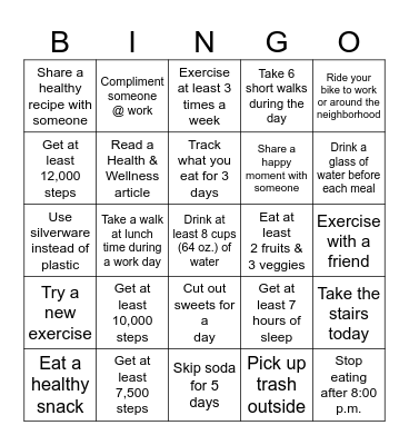 T1042 Summer Wellness Challenge Bingo Card