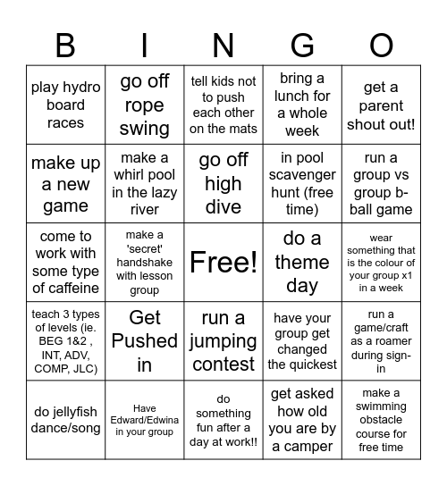 Summer Day Camp 2026 Bingo Card