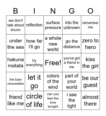 Disney Music Bingo Card