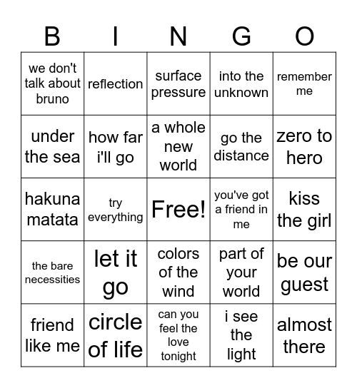 Disney Music Bingo Card