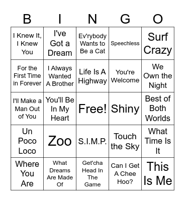 Disney Music Bingo Card