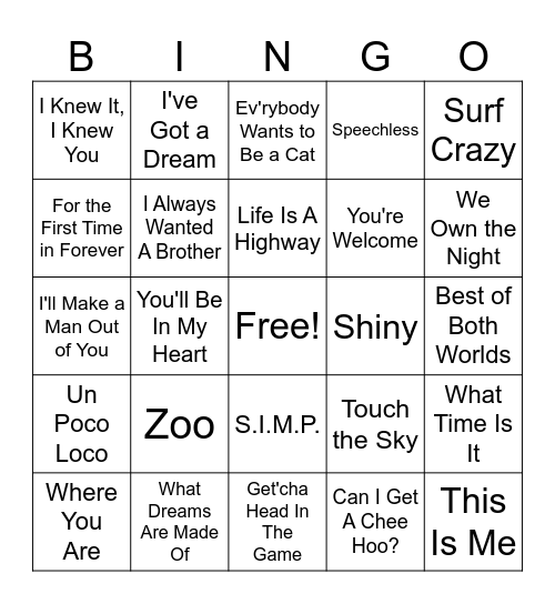 Disney Music Bingo Card