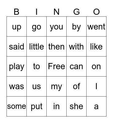 Sight Words Bingo Card