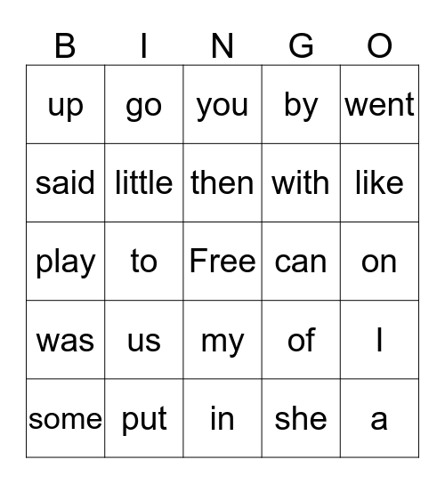 Sight Words Bingo Card
