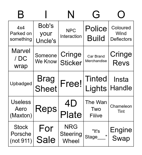 Car Meet Bingo Card