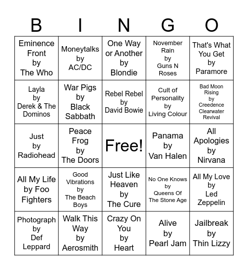 Rock N Roll Bingo Card
