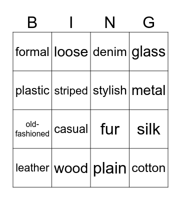 Clothes and Materials - Intermediate Bingo Card