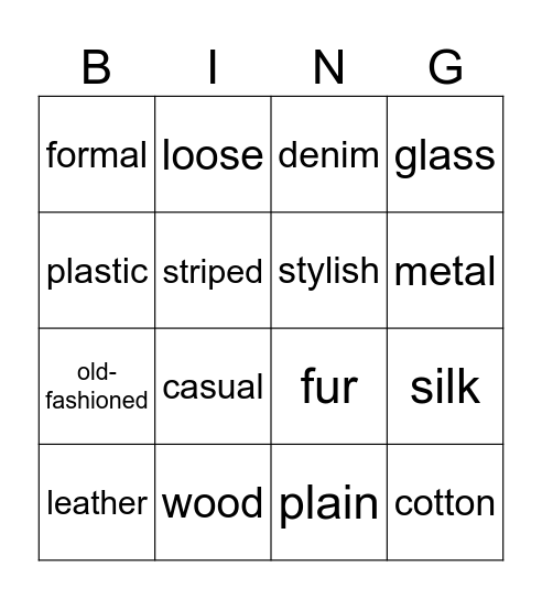 Clothes and Materials - Intermediate Bingo Card