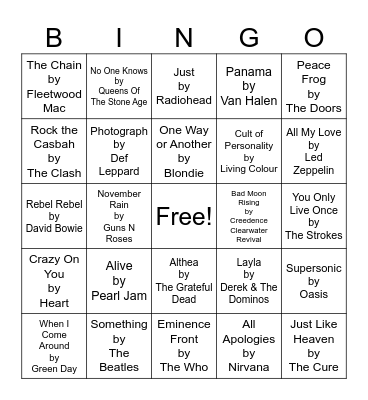 Rock N Roll Bingo Card