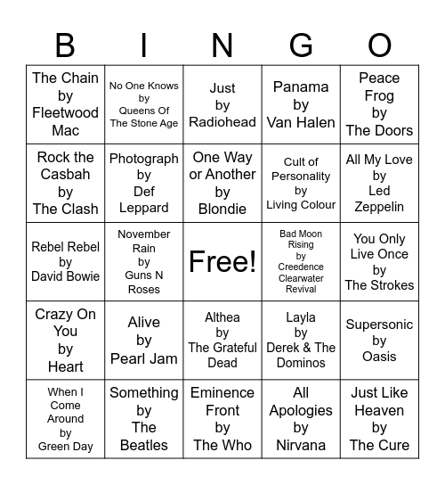 Rock N Roll Bingo Card