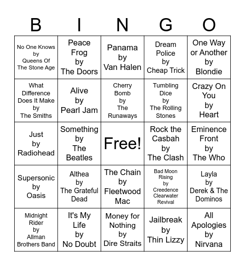 Rock N Roll Bingo Card