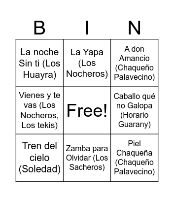 Bingo Musical Bingo Card