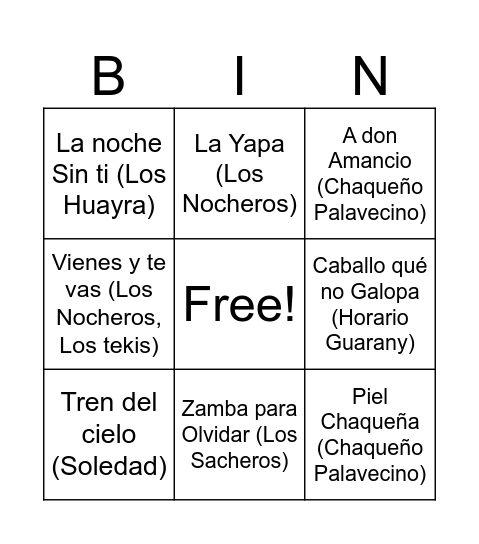 Bingo Musical Bingo Card