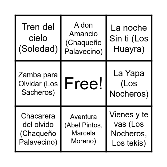 Bingo Musical Bingo Card